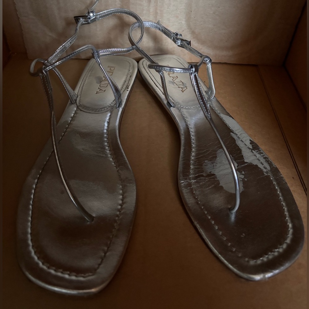 Prada Silver Leather T-Strap Ankle Strap Sandals